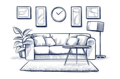 Sketch interior. Doodle living room with sofa, cushions and picture fr