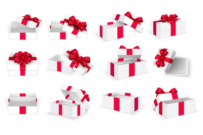 Gift boxes. White open present empty box with red bow and ribbons. Chr