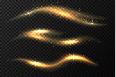 Gold stardust. Golden glitter sparkle stars. Magic light trails abstra