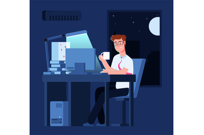 Work late concept. Man at night in office with pile of paper and lapto