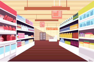 Grocery supermarket interior with full product shelves. Retail and con