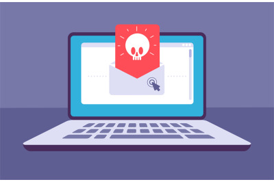 Email virus. Envelope with malware message with skull on laptop screen