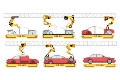 Car factory. Robotic automotive assembly line with automobiles. Convey