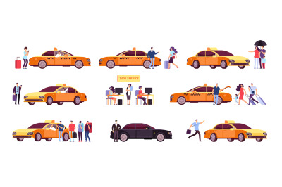 People and taxi. Cab drivers passenger and car in ride. Taxi service i