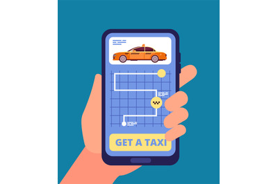 Taxi app concept. Hand holding smartphone with taxi application vector