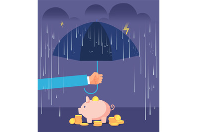 Deposit protection concept. Hand with umbrella protecting piggy bank f