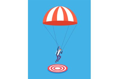 Businessman with parachute aiming on target. Risky business, success a