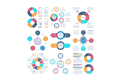 Infographic design. Pie charts and step circle diagram, text layouts b