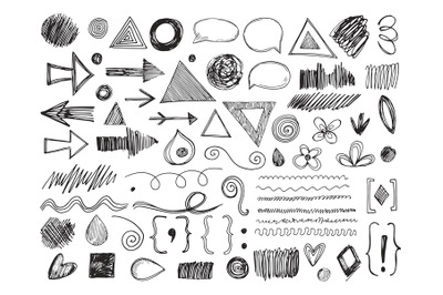 Doodle shapes. Pencil arrows, hand drawn textures and speech bubbles.