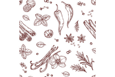 Sketch spices seamless pattern. Cooking herbs and asian vegetables. Ha