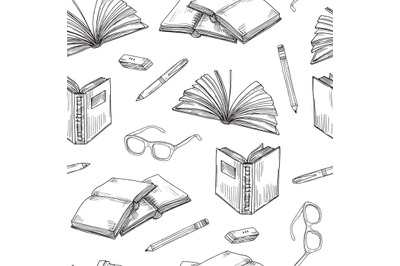 Sketch books seamless pattern. Ebooks reading and writing, school educ