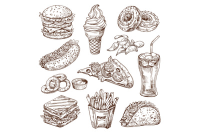 Sketch fast food. Burger hot dog, sandwich snacks, chips and ice cream