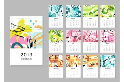 Calendar 2019. Seasons collage, abstract painting modern creative prin