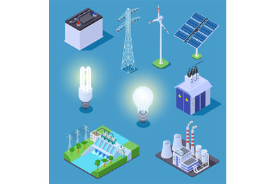 Electric power isometric icons. Energy generator, solar panels and the