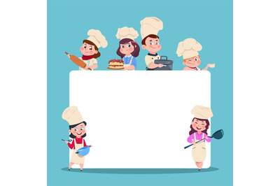 Little cooks. Cartoon children chef with big blank white banner. Cooki