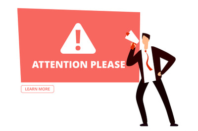 Attention please vector banner template with businessman with megaphon