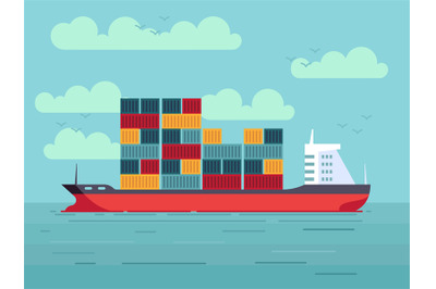 Cargo ship with containers in ocean or sea vector illustration