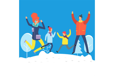 Cartoon characters in winter clothes. Happy family jumping in snowdrif