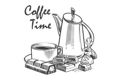 Hand drawn coffee time vector illustration. Cup of coffee, chocolate