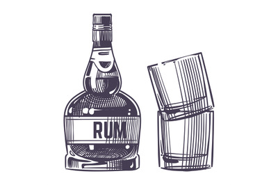 Hand drawn rum and two glasses vector