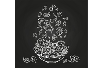 Hand drawn salad isolated on chalkboard background