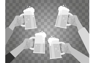 Hands holding beer glasses isolated on background.