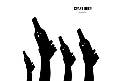 Hands with beer bottles black vector silhouettes