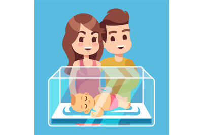 Happy parents with new born child in the glass box. Cartoon family vec