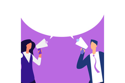 Man and woman with megaphone making message vector illustration