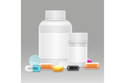 Medicine vector illustration with realistic plastic bottles for pills