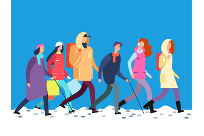 People in winter clothes. Cartoon man and woman, teenagers walking in