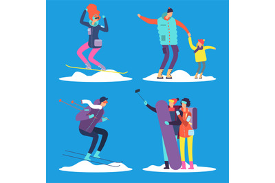 People, adult and kids snowboarding and skiing outdoor. Vector illustr