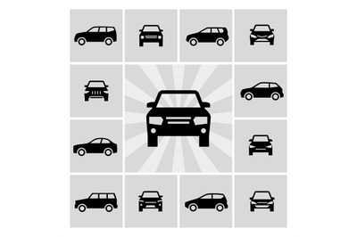 Side and front car silhouettes vector icons