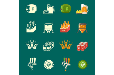 Silhouettes and colorful flat vector beer icons set