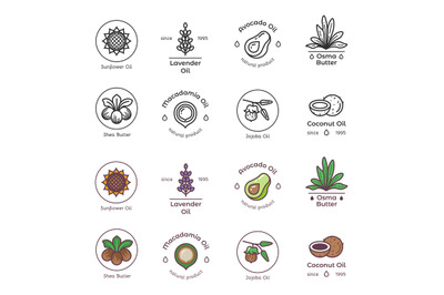 Skincare and beauty organic cosmetics oil vector line and colorful emb