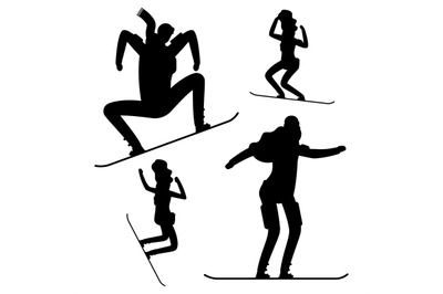 Snowboarding people black silhouettes isolated on white background