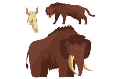 Stone age animals. Mammoth and saber-toothed tiger vector illustration