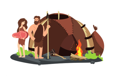 Stone age family with fireplace and home