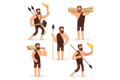 Stone age primitive men cartoon character set