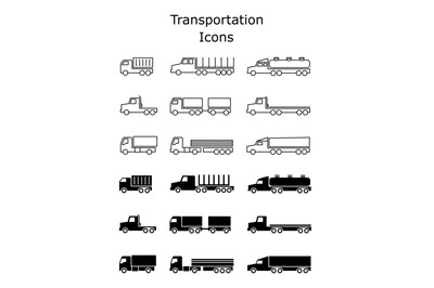 Transportation icons set. Delivery trailers, cargo trukcs, dumpers and