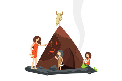 Mother with children in stone age. Primitive people cartoon character