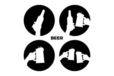 Vector beer icons set. Black and white beer in hands silhouettes