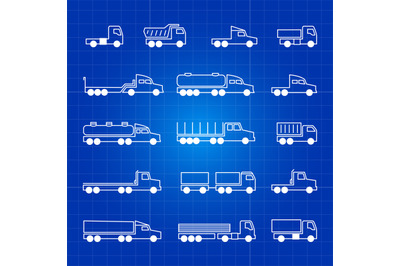 White truck line icons. Transportation vector outline isolated symbols