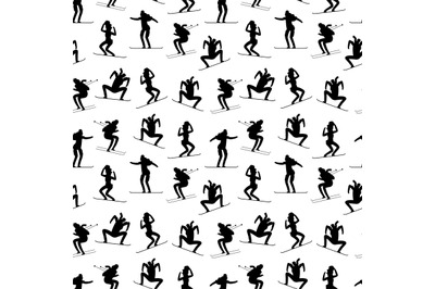 Winter sports athletes seamless pattern. Black sport winter people sil