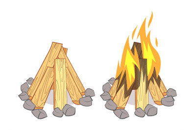 Wood stacks, hardwood firewood, wooden logs and outdoor bonfire