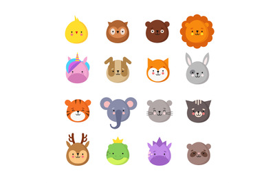 Animals manga smiles. Cute kawaii baby animal emoticons. Unicorn drago