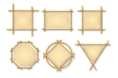 Bamboo frames. Chinese wooden stick signs with blank papyrus banners.