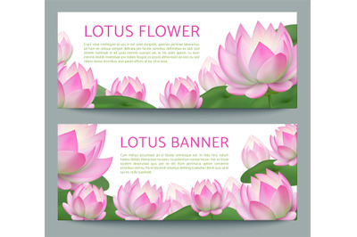 Pink lotus banners. Realistic pond water flower. Ayurveda treatment, h