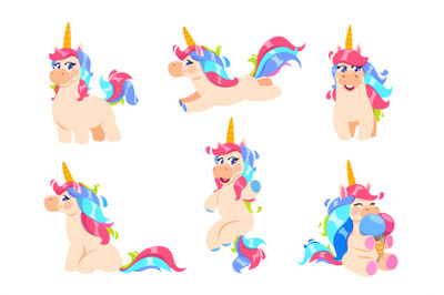 Cute unicorns. Cartoon fairy pony&2C; magic baby horse animal. Fairytale