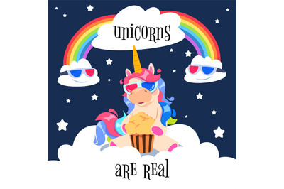 Cute magical unicorn with rainbow. Fantasy pony on clouds. Cartoon uni